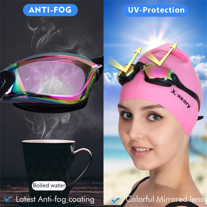 Keary Swim Goggles Pack of 2 Anti-Fog Swimming Goggles for Adults Women Men Youth Junior, No Leaking UV Protection Waterproof Mirrored Lens Triathlon Pool Goggles with 3 Size Nose Pieces & Earplugs - Image 4